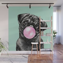 Bubble Gum Black Pug in Green Wall Mural