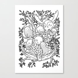 Family of forest animals sitting on a tree  black and white Canvas Print