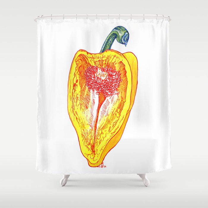 Yellow Pepper with Red Ink Shower Curtain