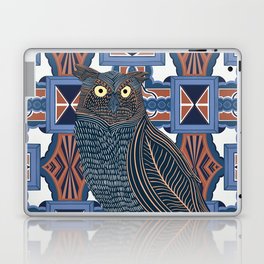 Great horned owl decorated on a patterned background - Navy and red-brown Laptop Skin