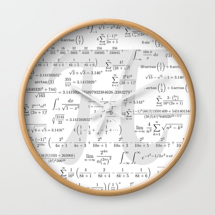 The Pi symbol mathematical constant irrational number, greek letter, and  many formulas background Wall Clock by Fernando Batista | Society6