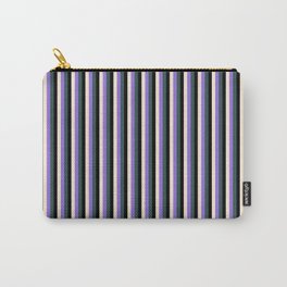 [ Thumbnail: Purple, Dark Slate Gray, Black & Beige Colored Lined/Striped Pattern Carry-All Pouch ]