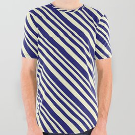 [ Thumbnail: Light Yellow & Midnight Blue Colored Lined/Striped Pattern All Over Graphic Tee ]