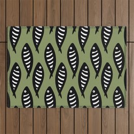 Abstract black and white fish pattern Sage green Outdoor Rug