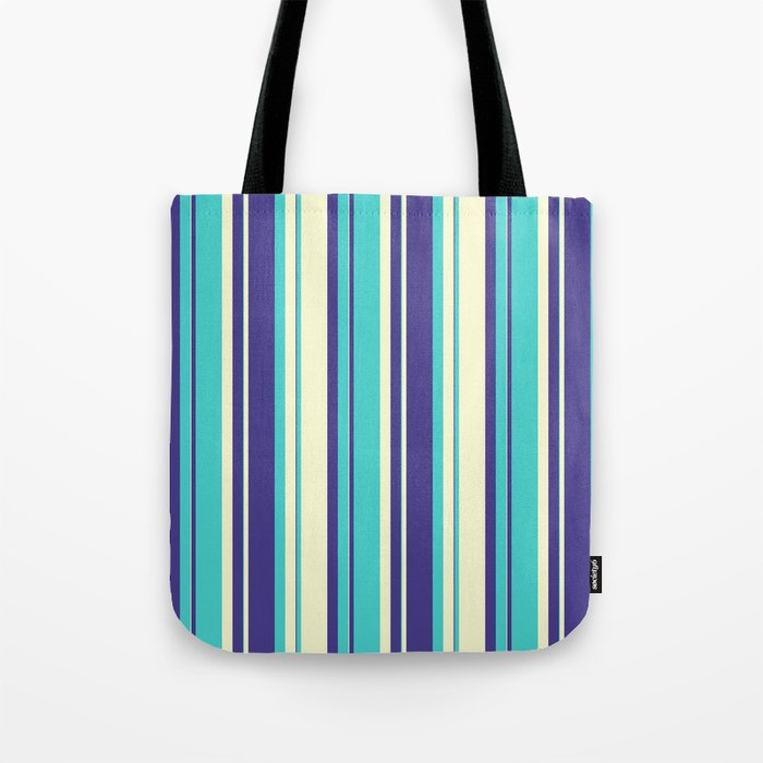 Dark Slate Blue, Turquoise & Light Yellow Colored Striped/Lined Pattern Tote Bag