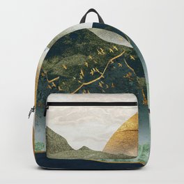 The green golden mountains by sunset Backpack | Gold, Mountain, Sun, Landscape, Digital, Golden, Modern, Fog, Nature, Green 
