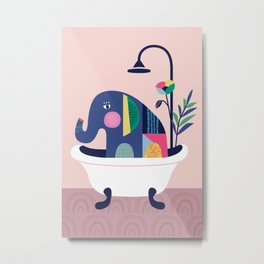 Elephant in the tub Metal Print | Pop Art, Digital, Illustration, Contemporary, Pattern, Retro, Bath, Animalprint, Mid Century, Visualarts 