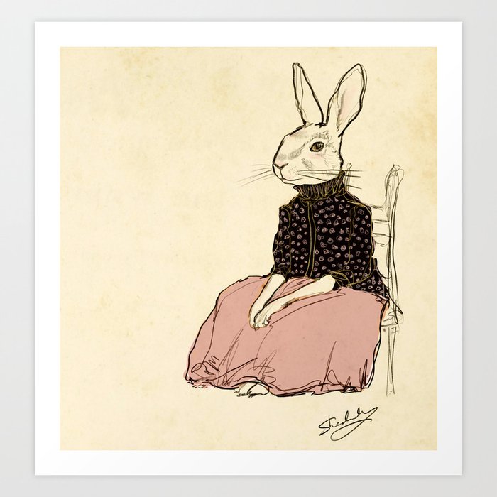 Seated Rabbit In Pink Skirt (Secret Square Side Version) Art Print