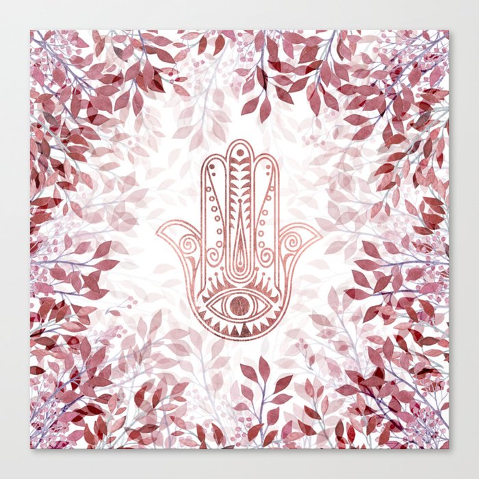 Modern Burgundy Faux Rose Gold Hamsa Hand Of Fatima Floral Canvas
