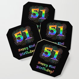 [ Thumbnail: 51st Birthday - Fun Rainbow Spectrum Gradient Pattern Text, Bursting Fireworks Inspired Background Coaster ]
