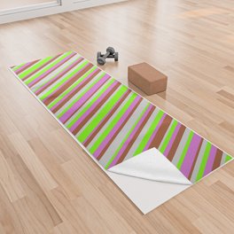 [ Thumbnail: Sienna, Orchid, Green & Light Gray Colored Stripes Pattern Yoga Towel ]