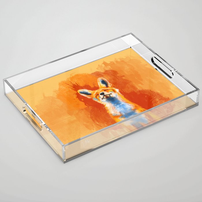 Happy Fox on an orange background Acrylic Tray