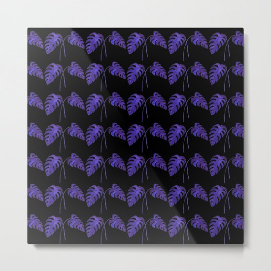 Indigo Monstera Leaf Watercolor on Black Metal Print