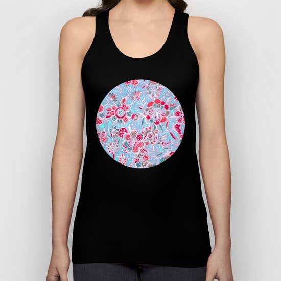 Sweet Spring Floral - cherry red & bright aqua Unisex Tank Top