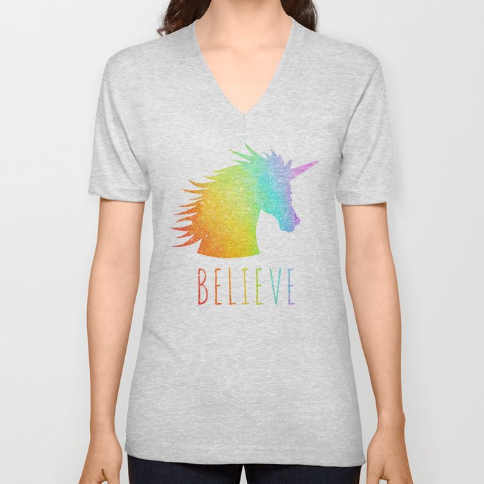 Believe  |  Rainbow Glitter Unicorn V Neck T Shirt