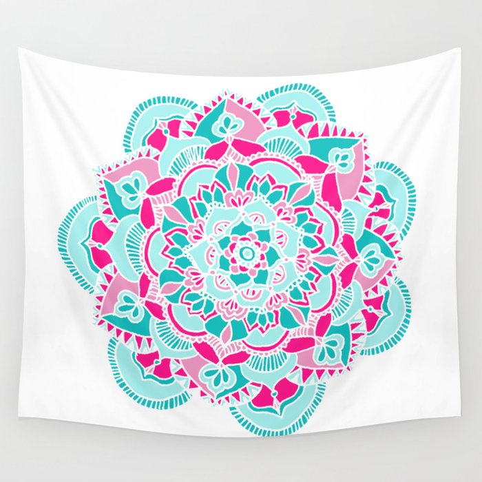 Hot Pink Teal Mandala Flower Wall Tapestry by Tangerine Tane