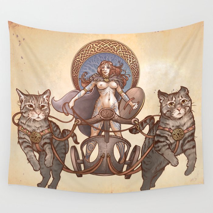 Freya Driving her Cat Chariot (Nude version) Wall Tapestry