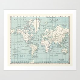 World Map in Blue and Cream Art Print