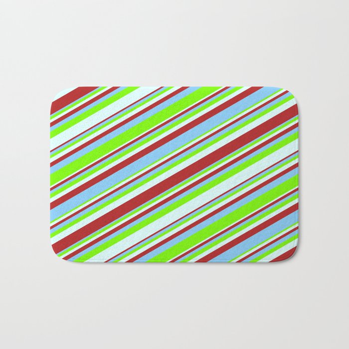 Red, Light Sky Blue, Green, and Light Cyan Colored Striped/Lined Pattern Bath Mat
