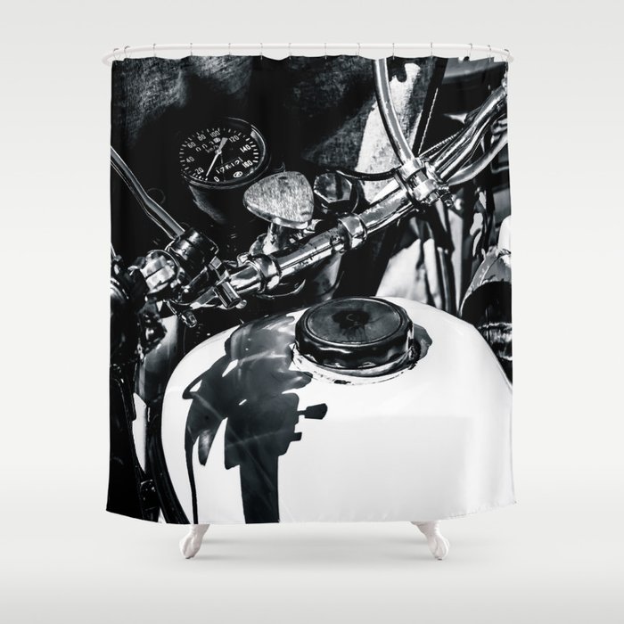 Details Of A Vintage Motorcycle Black White Shower Curtain