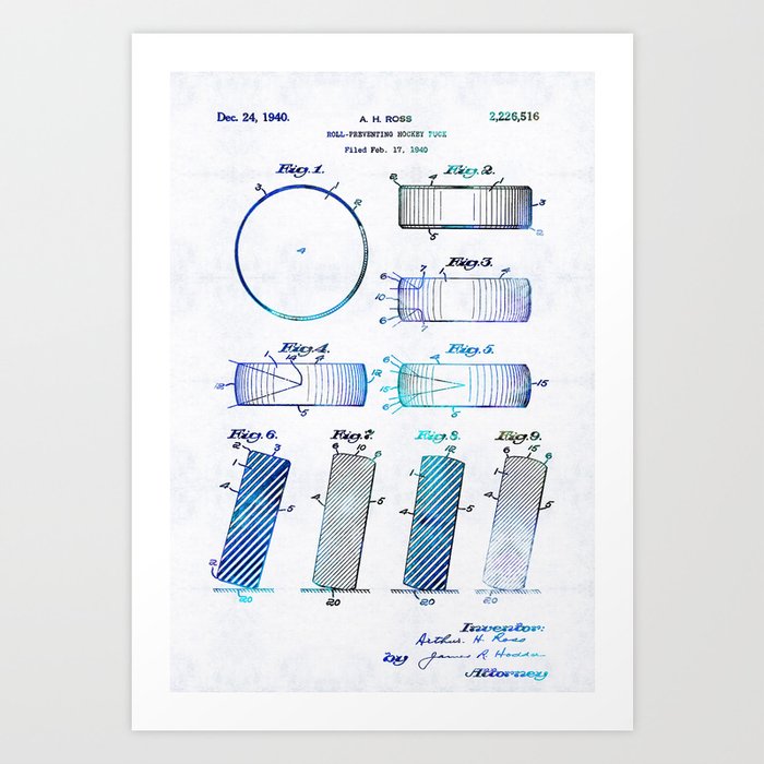 Blue Hockey Art - Hockey Puck Patent - Sharon Cummings Art Print