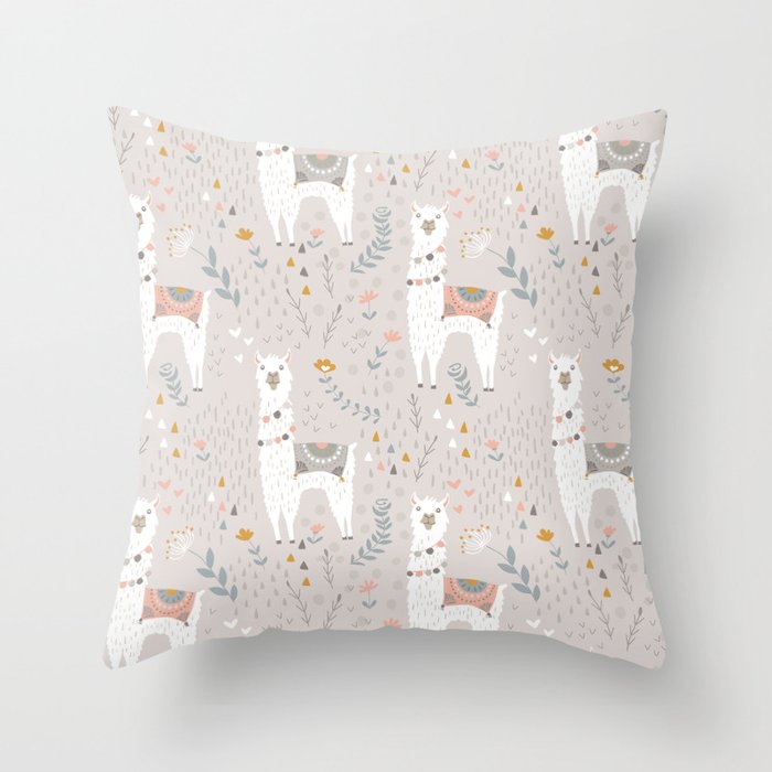 Sweet Llama on Gray Throw Pillow