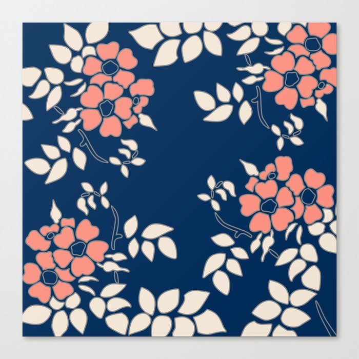FLORAL IN BLUE AND CORAL Canvas Print