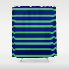 [ Thumbnail: Dark Blue and Lime Green Colored Stripes/Lines Pattern Shower Curtain ]