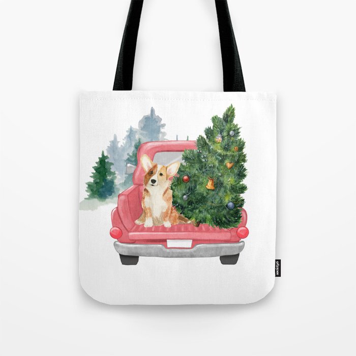 Driving Home For Christmas - Corgi On Red Xmas Car  Tote Bag
