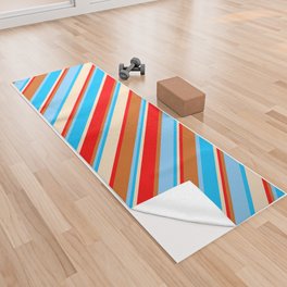 [ Thumbnail: Vibrant Deep Sky Blue, Light Sky Blue, Chocolate, Red & Bisque Colored Striped/Lined Pattern Yoga Towel ]