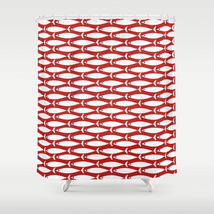 Mid Century Modern Fish Pattern in Red, White, and Nautical Navy Blue Shower Curtain