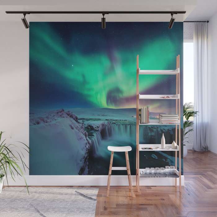 Aurora Borealis Over A Waterfall Wall Mural by ...