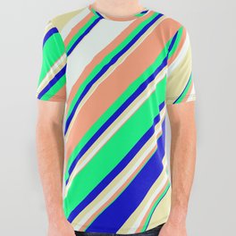 [ Thumbnail: Eyecatching Light Salmon, Green, Blue, Pale Goldenrod, and Mint Cream Colored Lines Pattern All Over Graphic Tee ]
