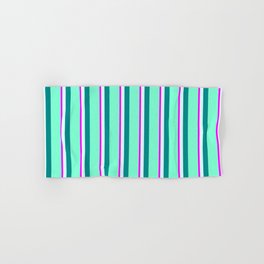 [ Thumbnail: Fuchsia, Light Cyan, Dark Cyan, and Aquamarine Colored Pattern of Stripes Hand & Bath Towel ]