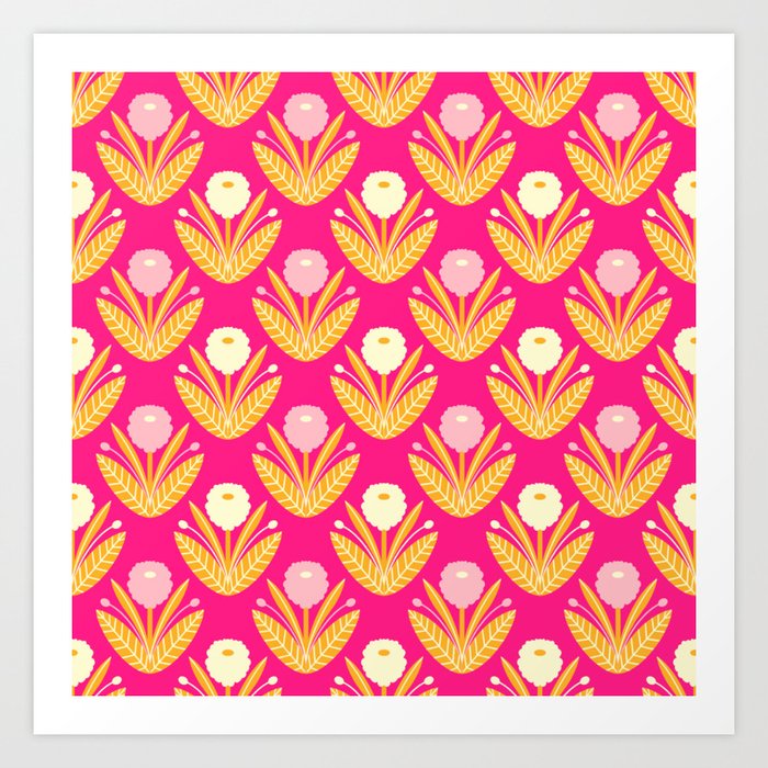 Happy White Dahlias Pattern - Hot Pink Art Print