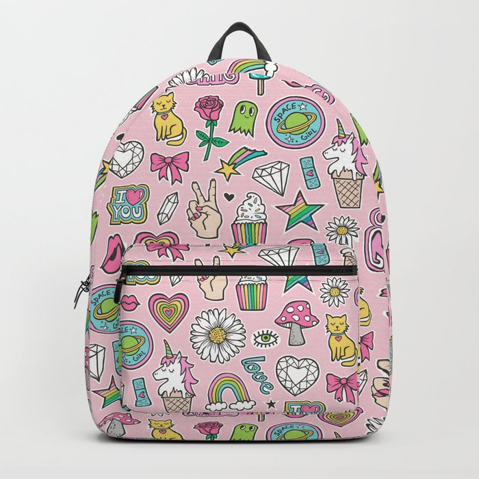 Patches Stickers 90's Doodle Unicorn Ice Cream, Rainbow, Hearts, Stars, Gemstones,Flowers Pink Backpack