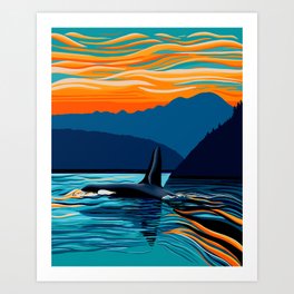 Orca into the Fire Sky Art Print