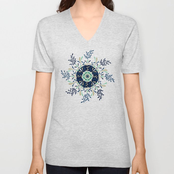 Leaf Mandala – Navy & Mint Palette V Neck T Shirt