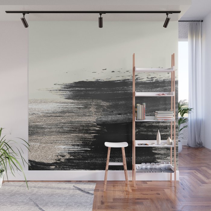 Artistic Ivory Black Gold Glitter Paint Brushstrokes Wall Mural By Pink Water