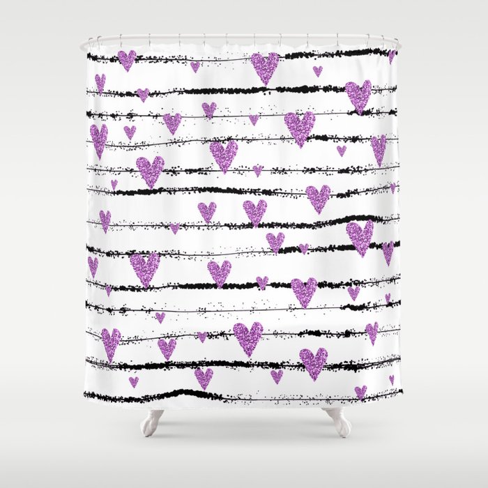 Purple Hearts On White With Black Stripes Shower Curtain By
