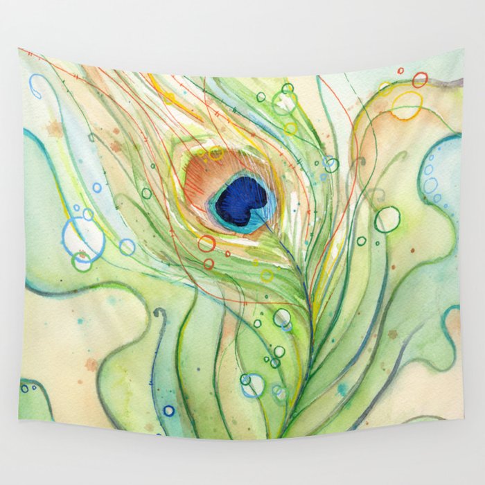 Peacock Feather Green Texture and Bubbles Wall Tapestry