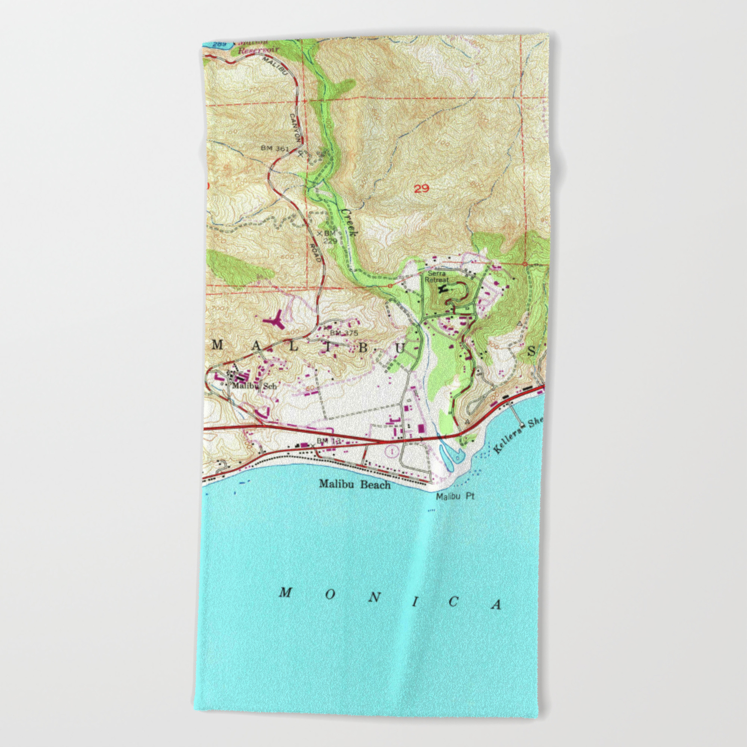 Vintage Map Of Malibu California 1950 Beach Towel By