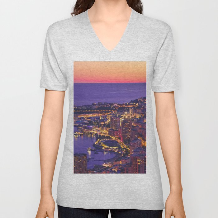 Monaco City at Night V Neck T Shirt