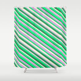 [ Thumbnail: Beige, Plum, Green, and Sea Green Colored Striped Pattern Shower Curtain ]
