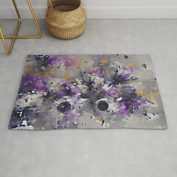 Purple and gray original abstract digital flowers artwork Rug