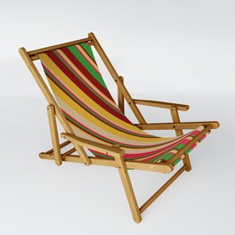 [ Thumbnail: Colorful Goldenrod, Tan, Crimson, Forest Green & Maroon Colored Striped/Lined Pattern Sling Chair ]