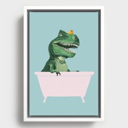 Playful T-Rex in Bathtub in Green Framed Canvas