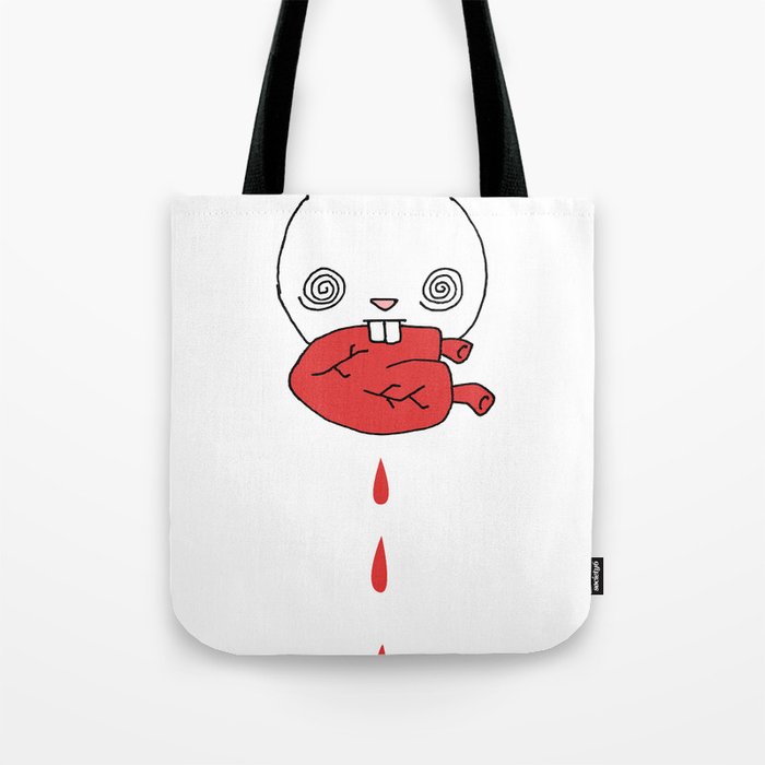 Hungry Bunny - funny cartoon drawing of cute bunny rabbit eating a heart of unknown provenance Tote Bag