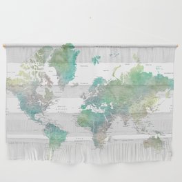 Watercolor world map in muted green and brown Wall Hanging