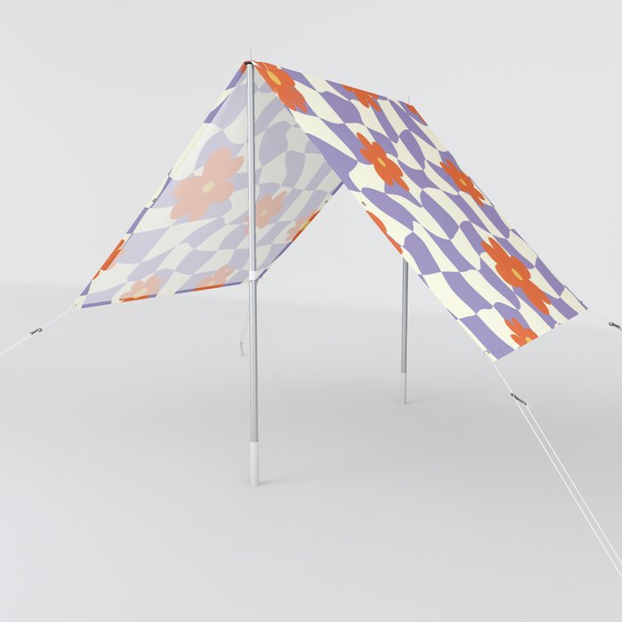 Retro Orange Petal Flowers on Periwinkle Checker Sun Shade